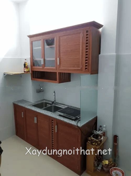 Mẫu tủ bếp nhôm kính nhỏ, đơn giản