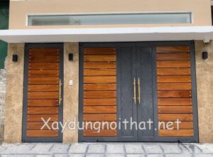 Mẫu cửa cổng sắt 4 cánh giả gỗ đẹp