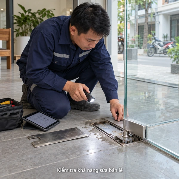 Bản Lề Sàn Cửa Kính Cường Lực Bị Chảy Dầu: Sửa Được Hay Phải Thay Mới? 03 kiem tra kha nang sua ban le